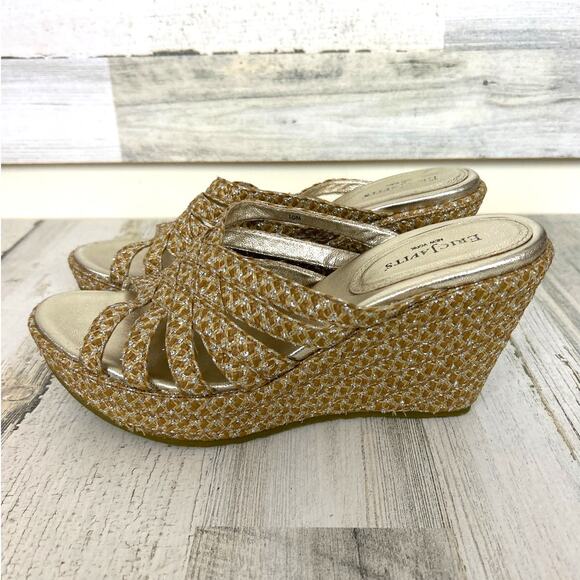 Eric Javits Women Eric Javits Womens 10 Edy Gold Leather Wedge Sandals Slip-On Open Toe Shoes